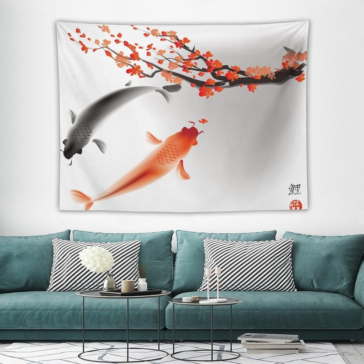 Houselerax Japanese Koi Fish Tapestry, Cherry Blossoms Asian Oriental Flower Branch Koi Fish Carp Tapestries Wall Hanging for Bedroom Living Room Office Decor 80"x60"