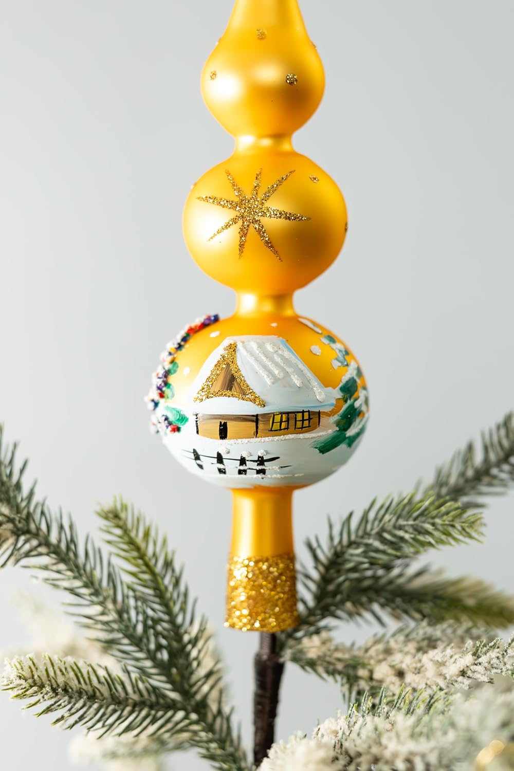 Christmas Tree Topper Spitz Glass Mouth Blown Hand-Decorated Embellishments (Gold, 12 inch)