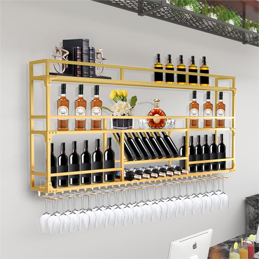 59in Wall Mounted Wine Rack, Wine Rack Wall Mounted With Wine Glass Rack, Metal Bar Bottle Display Shelf Wine Cups Hanging Holder, For Home Bar Cafe Dining Room Decoration (GOLD, 59*10*35.5inch)