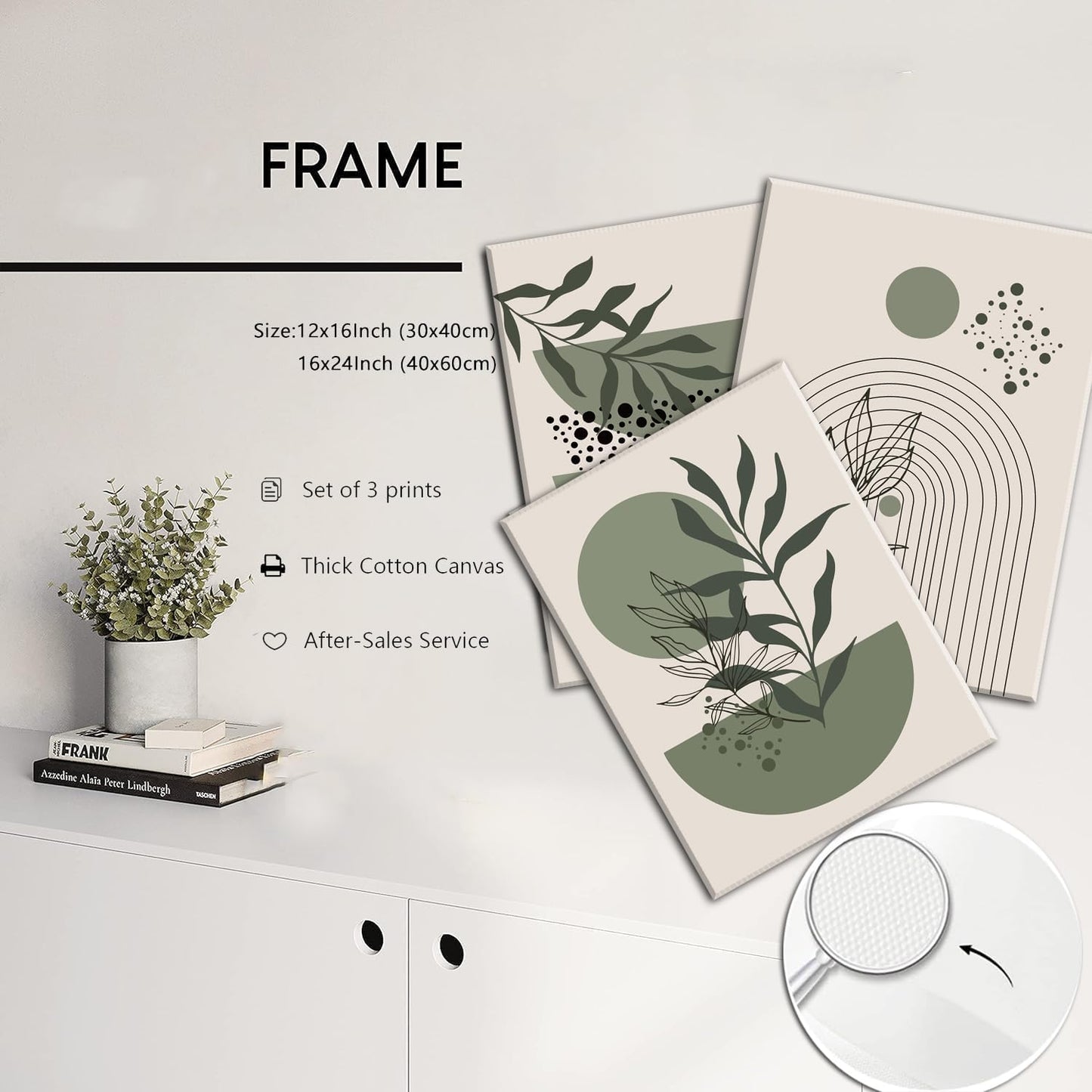 Sage Green Boho Wall Art Set of 3 Abstract Minimalist Geometric Line Poster Green Botanical Leaf Canvas Prints Modern Artwork Painting Decor for Living Room Bedroom Office 16x24 in Framed