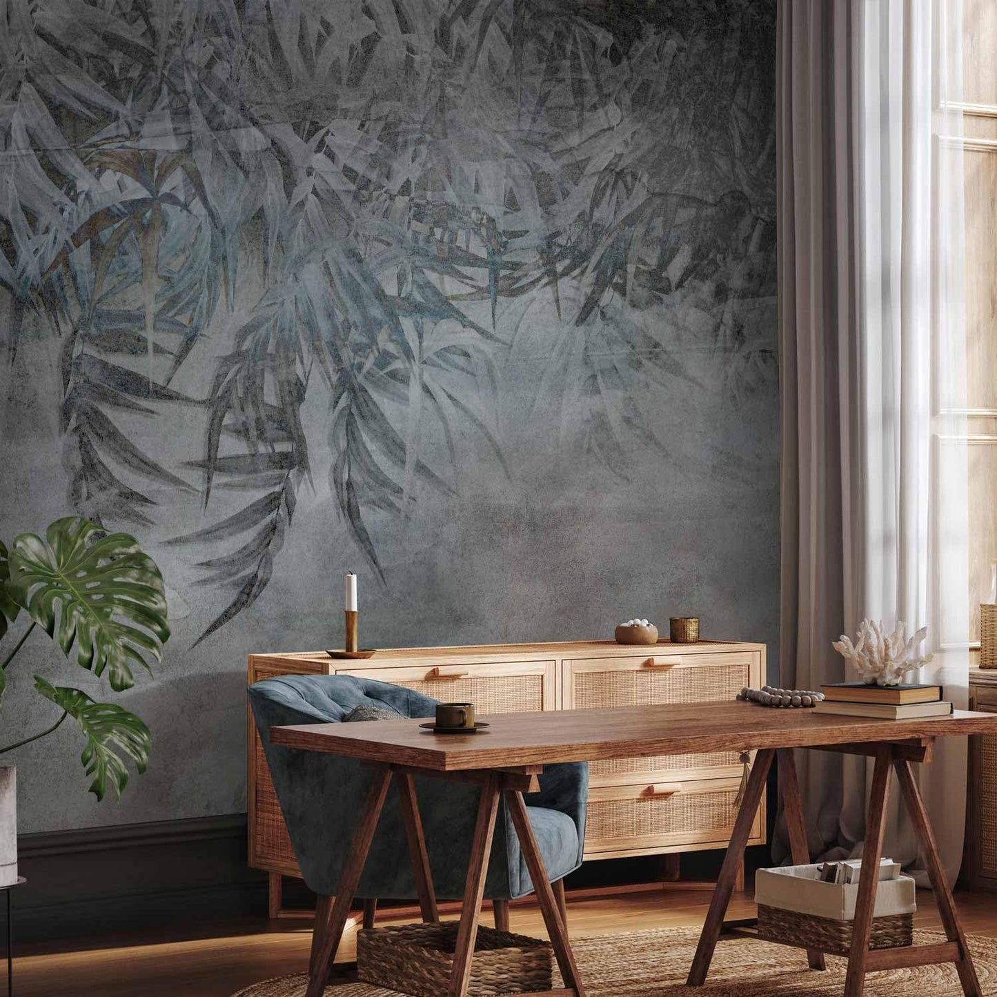 artgeist Wall Mural Leaves 193x138 in - XXL Peel and Stick Self-Adhesive Wallpaper Removable Large Sticker Foil Wall Decor Print Picture Image Design Palm Leaves Concrete Nature Grey b-C-10103-a-a