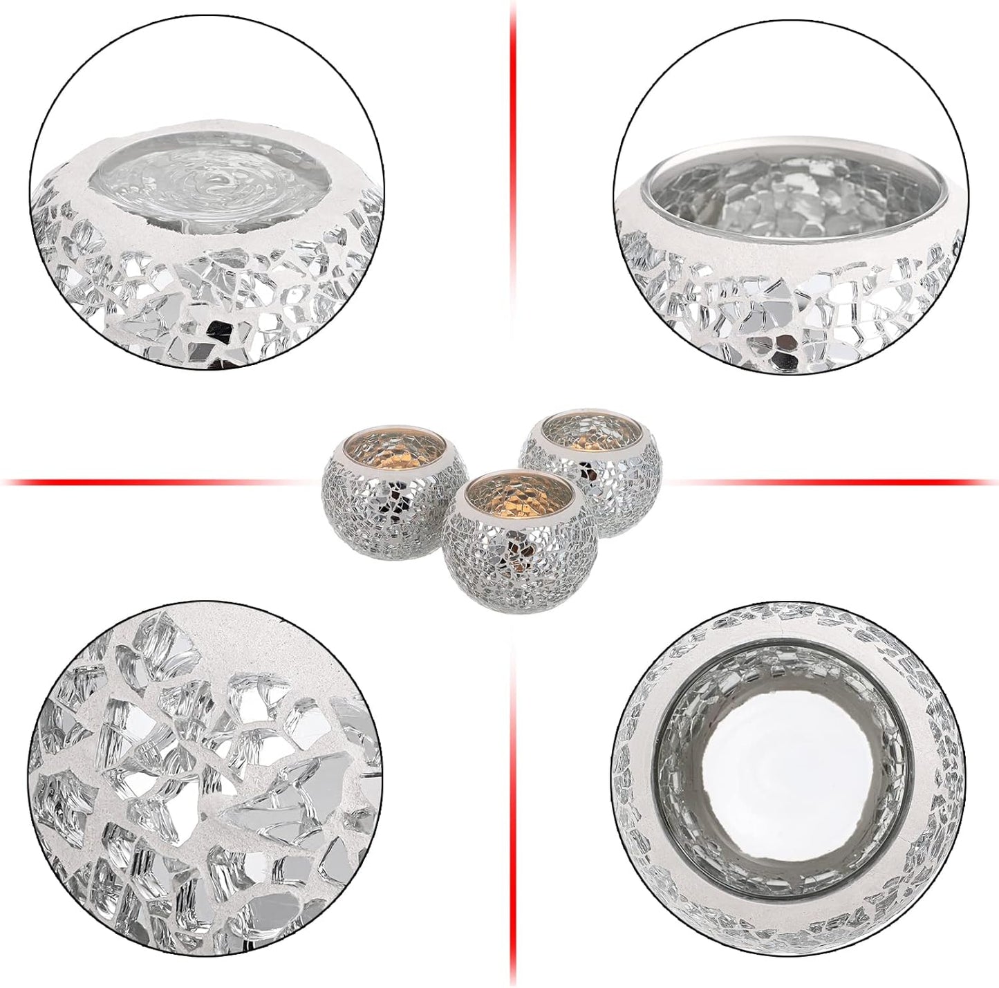 OwnMy 3PCS Mosaic Glass Tea Light Holders Round Bowl Votive Candle Holders Pillar Candle Stands, Silver Glass Mosaic Tealight Holders Potted Plant Bowl Vase Candle Centerpiece for Dining Table Wedding