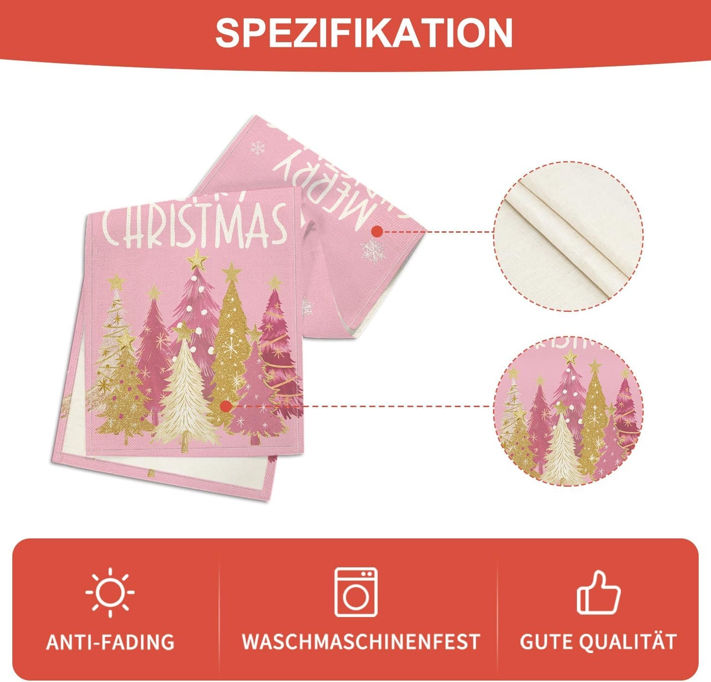 Artoid Mode Xmas Trees Snowflakes Pink Merry Christmas Table Runner, Winter Seasonal Kitchen Dining Table Decoration for Home Party Decor 13x120 Inch