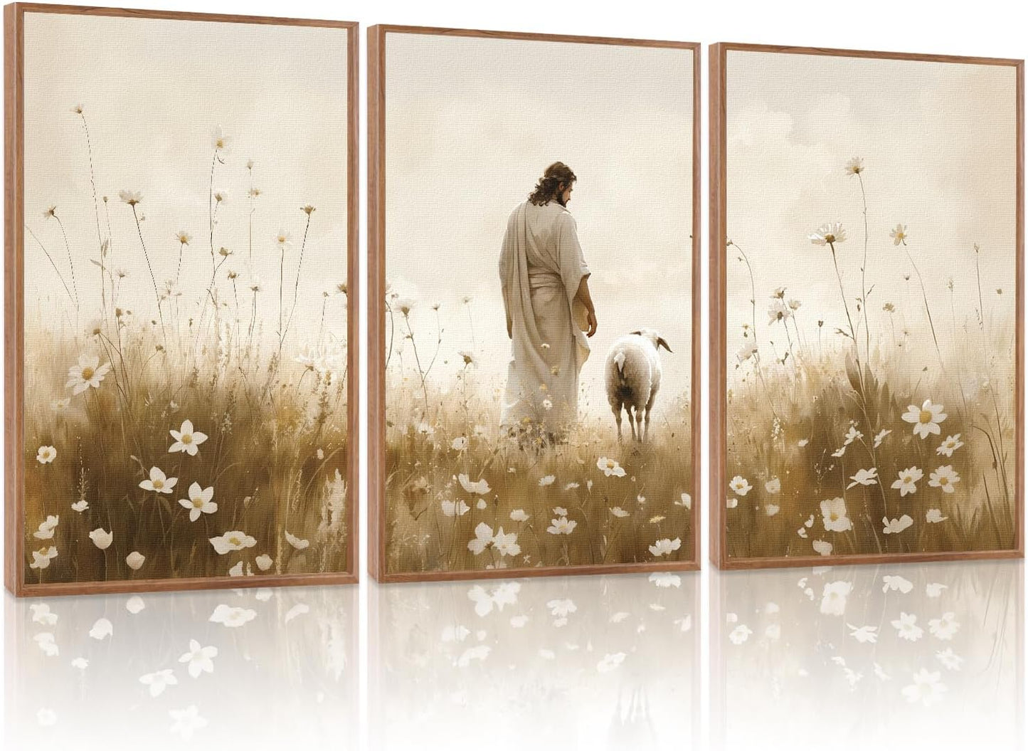 KAIRNE Jesus Framed Canvas Wall Art,Lost Sheep Wall Decor Set of 3(16”X24”),Holy Christian Art Print,Religious Scripture Pictures,Bible Renaissance Wall Painting for Living Room,Bedroom,Church Decor