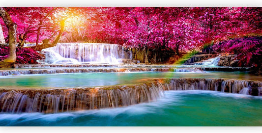 artgeist Wall Mural Waterfall 216x98 in - XXL Non-Woven Corner Wallpaper Fleece Angle Wall Decor Photo Print Picture Image Design Modern Nature Sun Pink Tree Forest c-B-0474-a-a