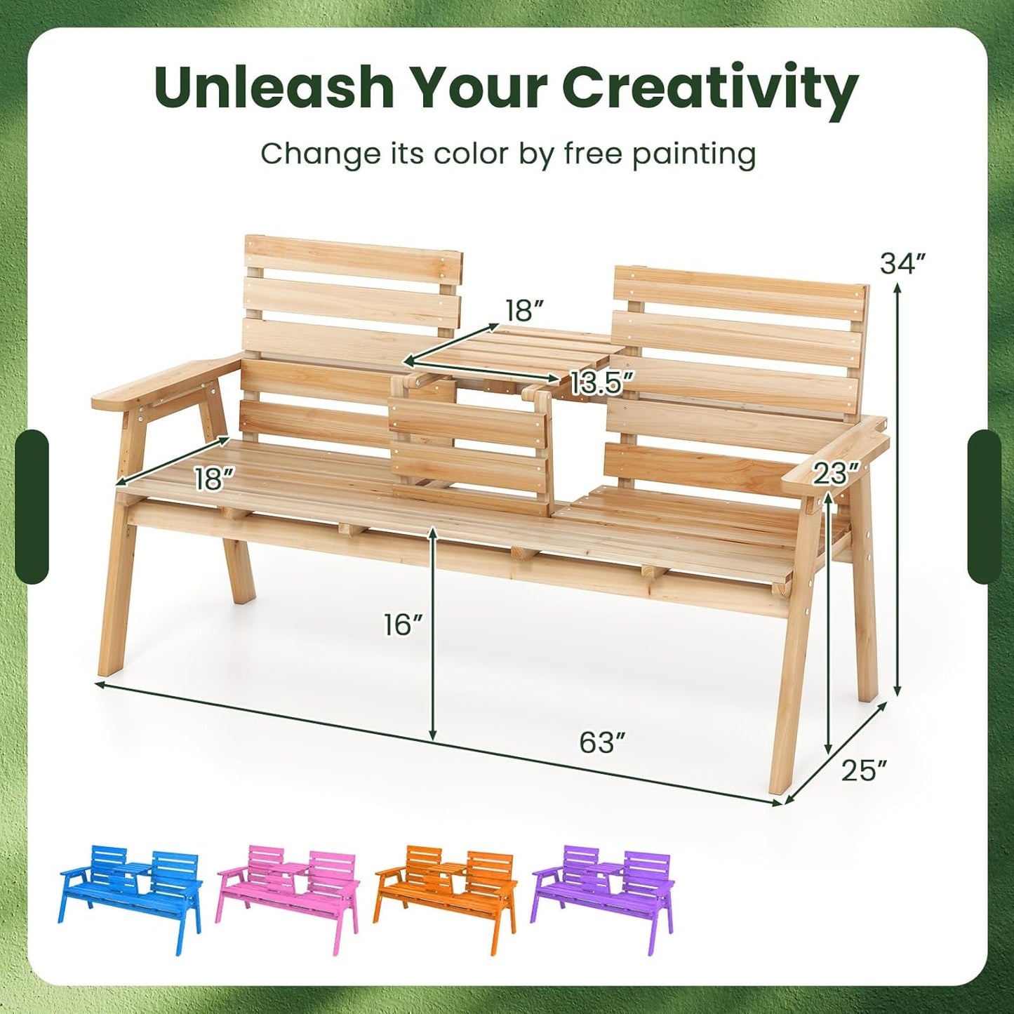 Tangkula Outdoor Fir Wood Bench with Foldable Middle Table, 2-3 Person Garden Bench with Backrest and Armrests, 710 lbs Weight Capacity, Slatted Seat Bench for Porch, Patio, Backyard