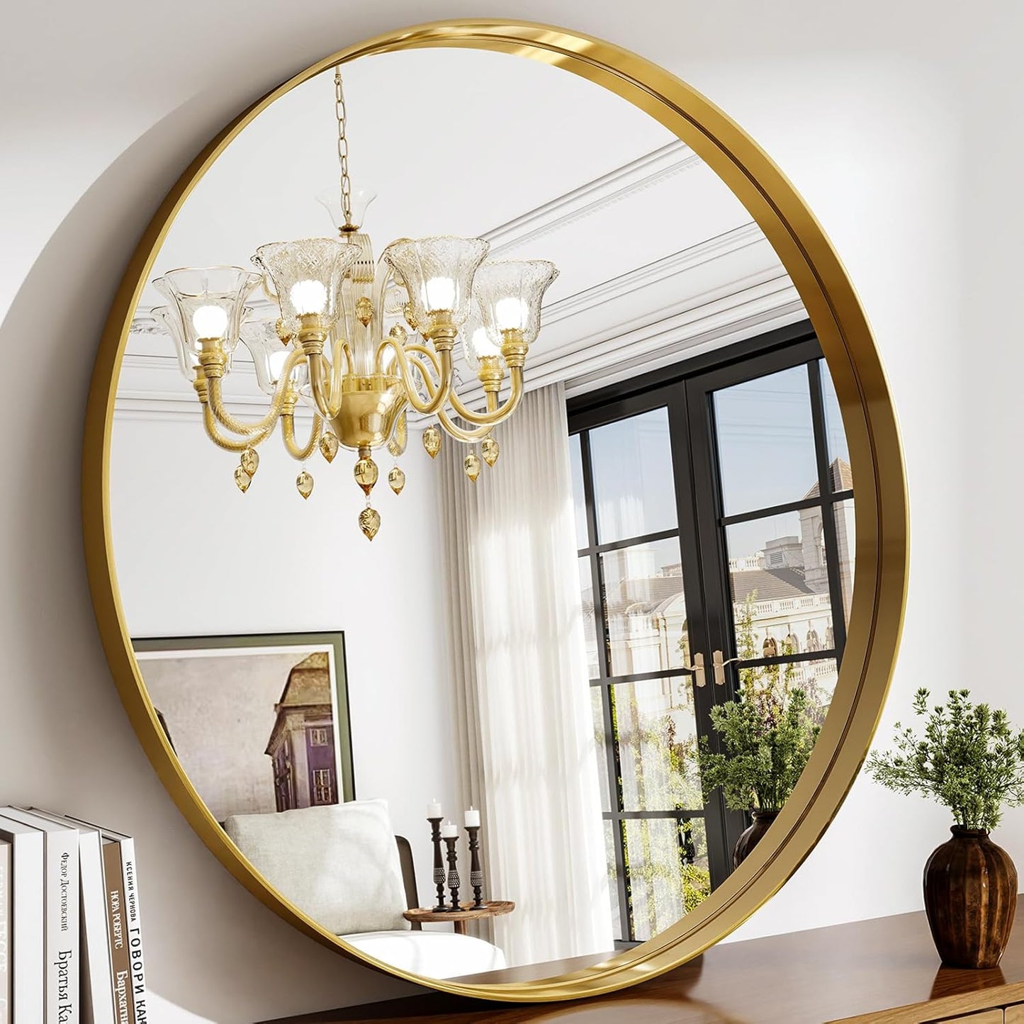 48 Inch Round Bathroom Mirror - Wall Mounted Circle Mirror with Metal Frame, Modern Mirror Suitable for Bathroom, Vanity, Entryway, Living Room, Wall Decor,Gold