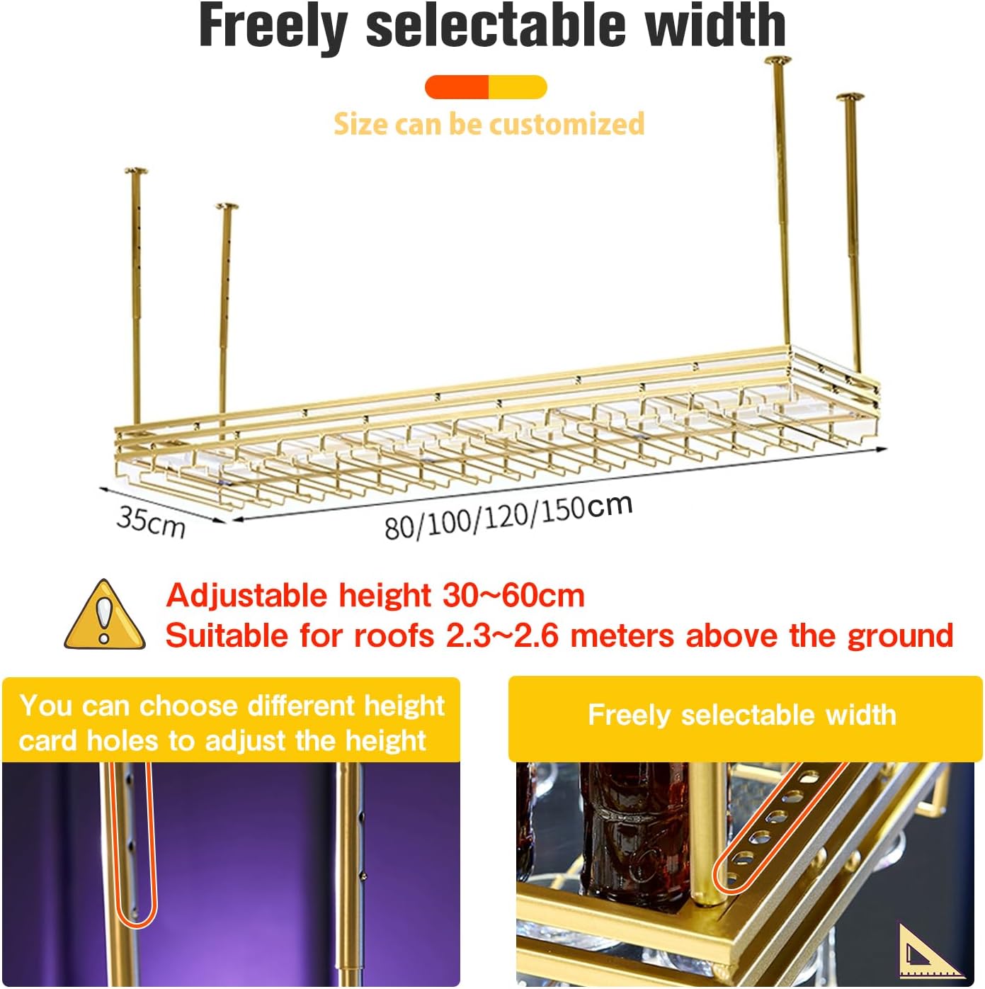 Ceiling Wine Rack&Hanging, Adjustable Hanging Wine Rack with Acrylic Board for Bar Cafe Kitche, 47''x13.8'' Iron Hanging Wine Glass Racks, Wine Bottle, Goblet Stemware Rack, Mug Rack-Gold