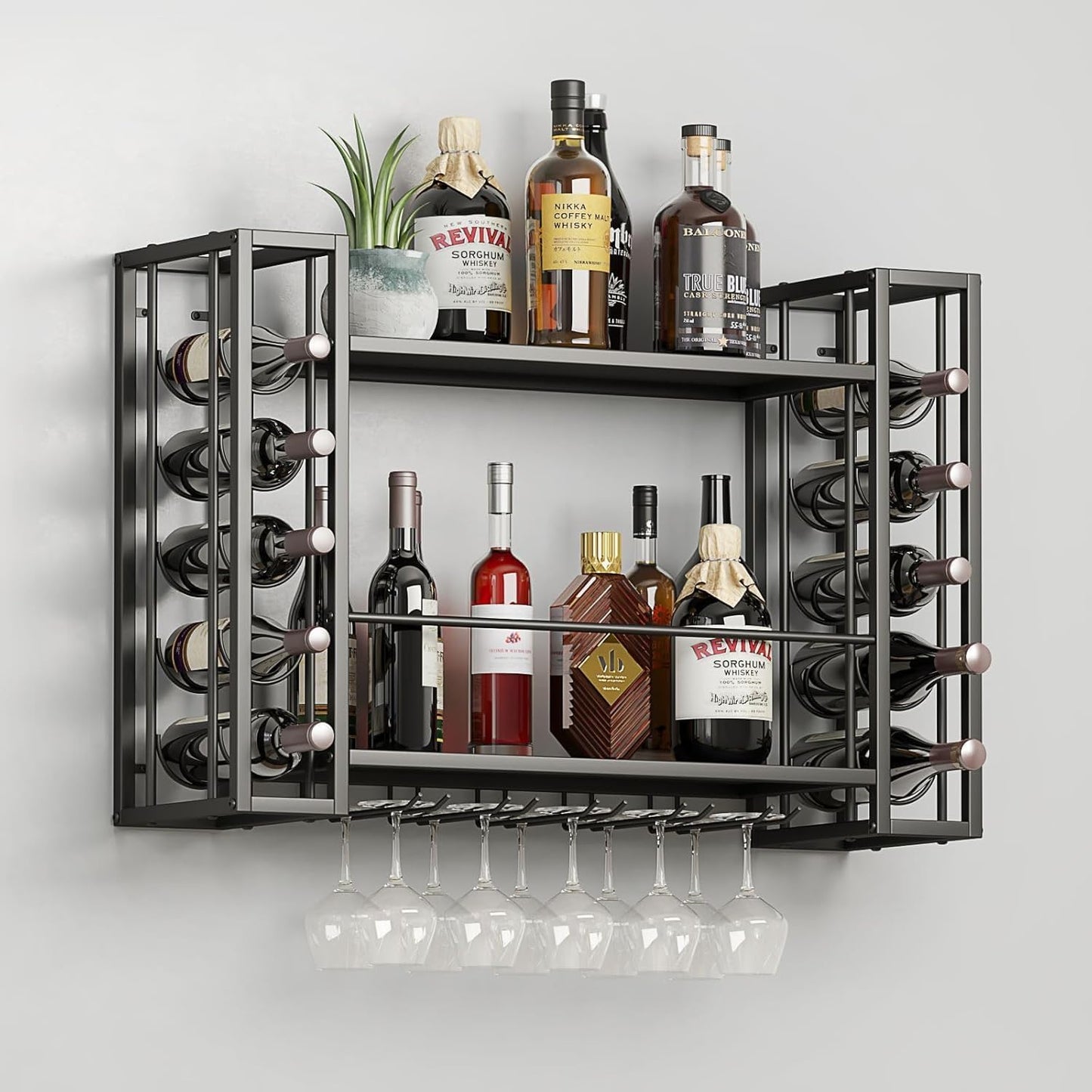 Wall Mounted Wine Rack, Wine Rack Wall Mounted with Wine Glass Rack, 2-Tier Multi-Functional Shelf for Home Restaurant Bar Storage Rack,Black (47.2”W x 9.8”D x 21.65”H)