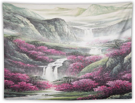 Japanese Tapestry, Red Plum Blossom Mountain Tapestry, Asian Japanese Wall Tapestry, Nature Landscape Tapestries for Bedroom Living Room Decor 80"x60"