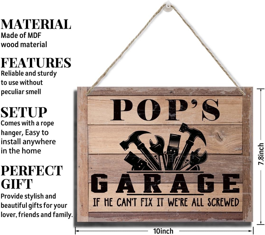 Rustic Sign, Father's Day Gift, Dad's Gift, Grandpa's Gift, Decor Hanging Wood Signs, Printed Wood Wall Art Sign, Pop's Garage, If He Can't Fix It We're All Screwed, Vintage Sign Gift for Grandpa