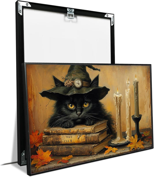 JFHCQJPK Vintage Halloween wall decoration black cat and magic book suitable for home bedroom living room decoration dark classic art witch wall decoration20x30in Metal blackFramed