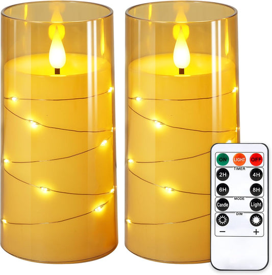 NURADA 3"x6"Flickering Flameless Candles: Built-in Star String Lights Acrylic Battery Operated LED Pillar Candles with Remote and Timer for Romantic Mood Home Decoration - 2 Pack Gold
