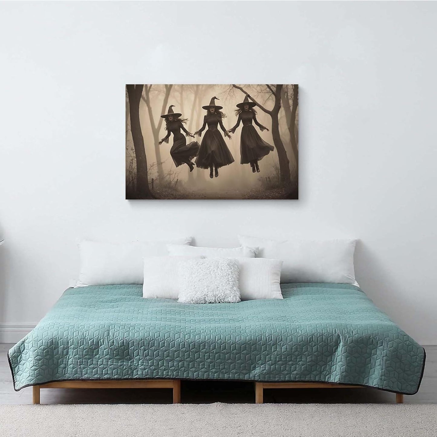 JFHCQJPK Three ghost witches flying in vintage forest gothic wall art witchcraft decoration holiday gift canvas wall art print16x24in Frameless