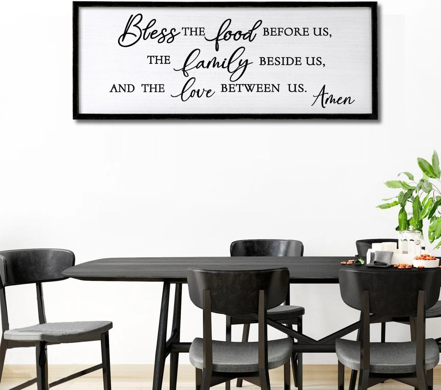 Bless the Food Before Us, the Family Beside Us, and the Love between us Framed Wall Art for Christian God Jesus Christ Prayer, 32''×12'' Positive Holy Religious Rustic Bible Verse for Dining Room