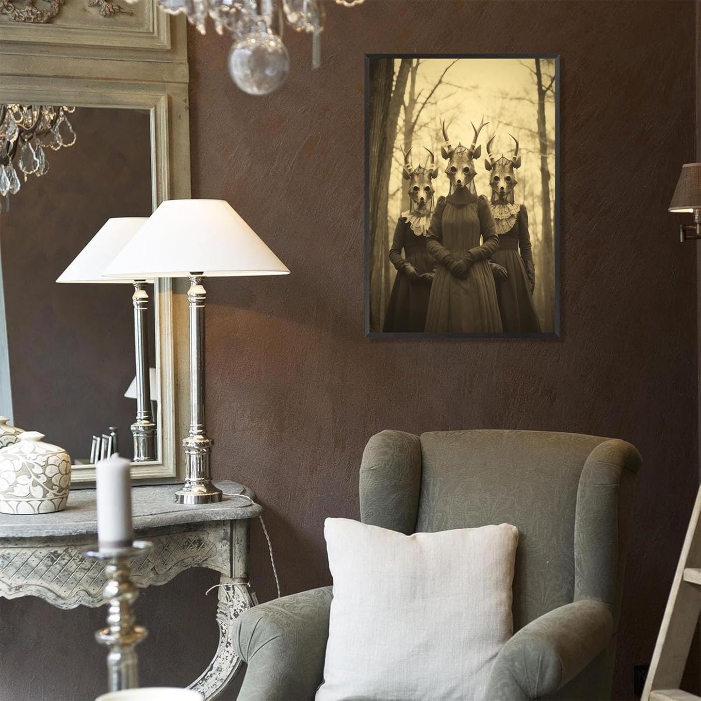 Vintage Horror Skeleton Spooky Three Skull In Occult Forest Posters Canvas Wall Art Poster Gothic Dark Academia Decor Creepy Print Retro Halloween Wall Decor 12X16inch Aluminum Framed