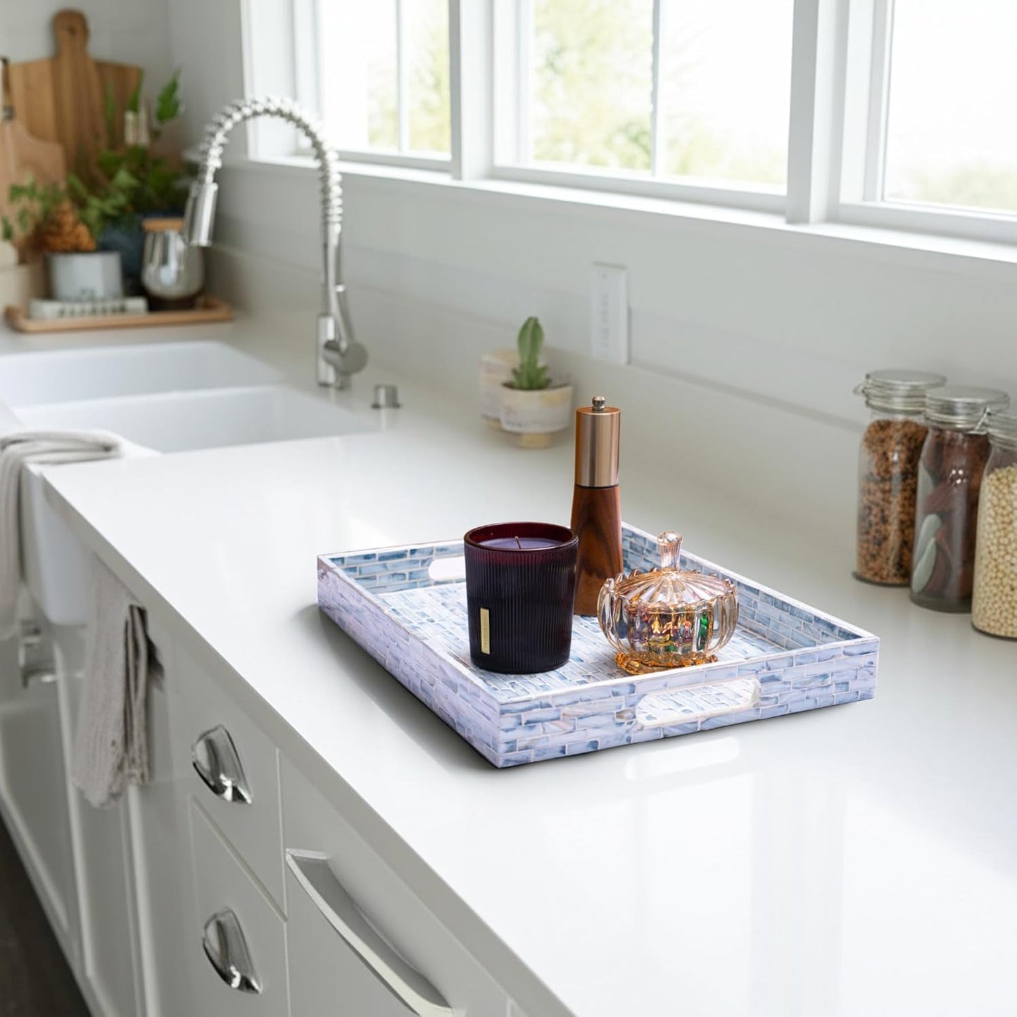 CLAYNIX Serving Tray 12.5 Inch, Wooden Lacquer Tray with Mother of Pearl Inlay, Elegant Tea & Breakfast Tray with Handles (Rectangle)