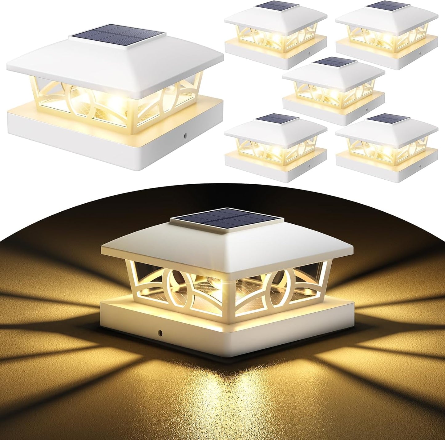 NIORSUN Solar Post Lights Outdoor, Fence Post Solar Lights Warm White Outdoor Waterproof Edison LED Bulbs Garden Patio Fence Deck Decor, 4x4 5x5 Wood Vinyl Post Cap Lights, White 6 Pack