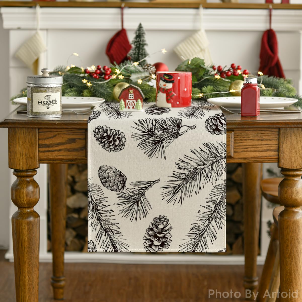 Seasonal Fir and Pine Cone Christmas Table Runner - Winter Leaves Holiday Dining Decor (Available in 4 Sizes)