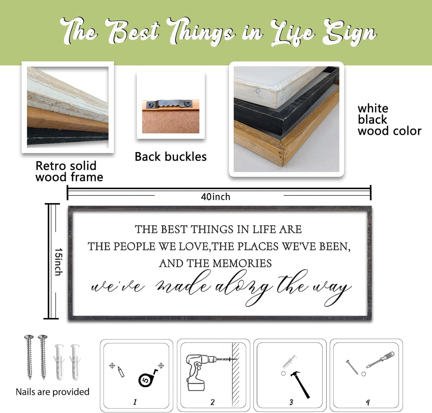 The Best Things in Life Wall Decor Sign 40 x 15 Inch Memories Inspirational Quotes Wood Framed Family Entryway Living Room Home Wall Art for Farmhouse Bedroom Room (Black)