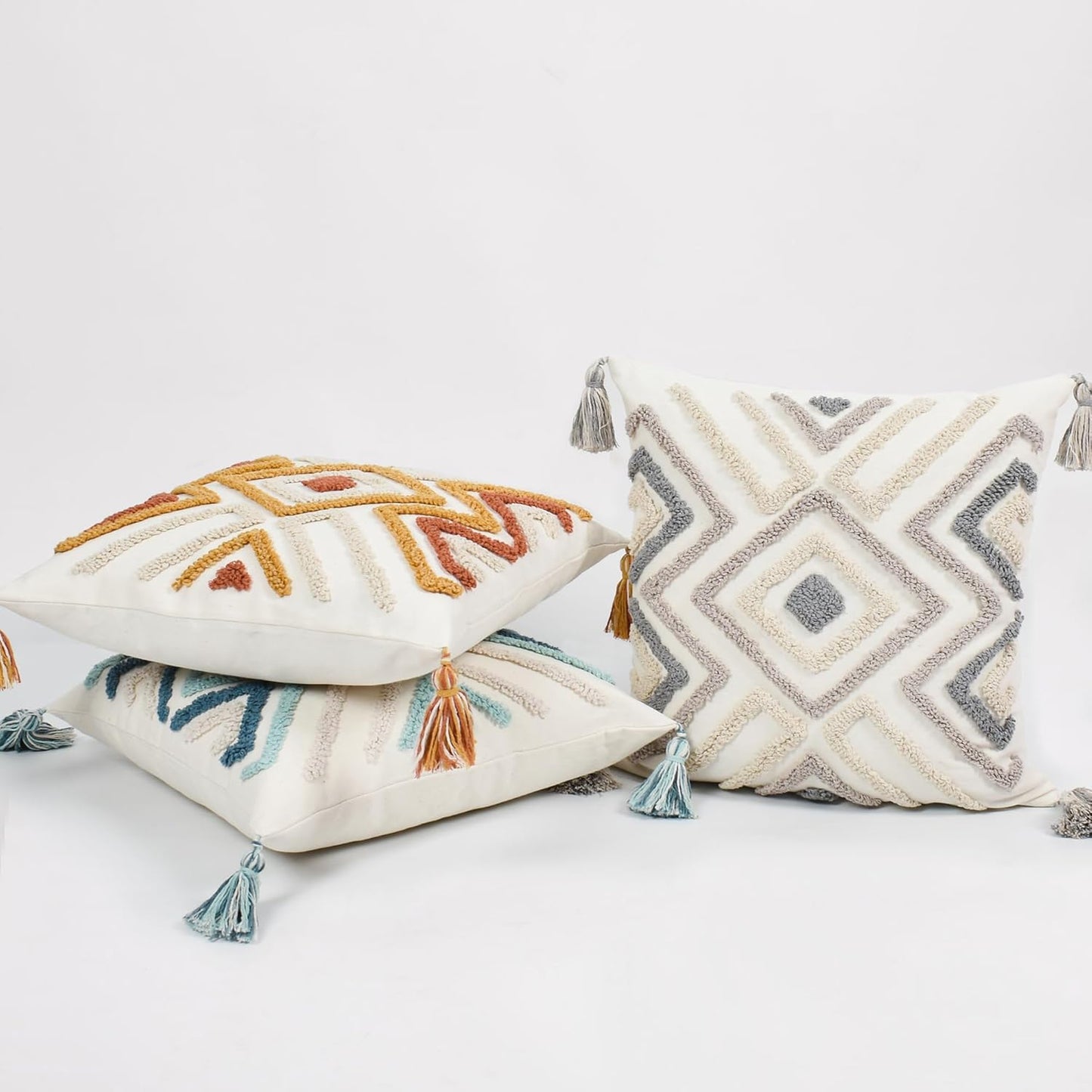 Boho Pillow Covers 20X20 Inch Boho Tufted Throw Pillow Covers Decorative Tassels Cushion Cover Farmhouse Pillow Case for Couch Sofa Bed Living Room Bedroom, Grey Netural