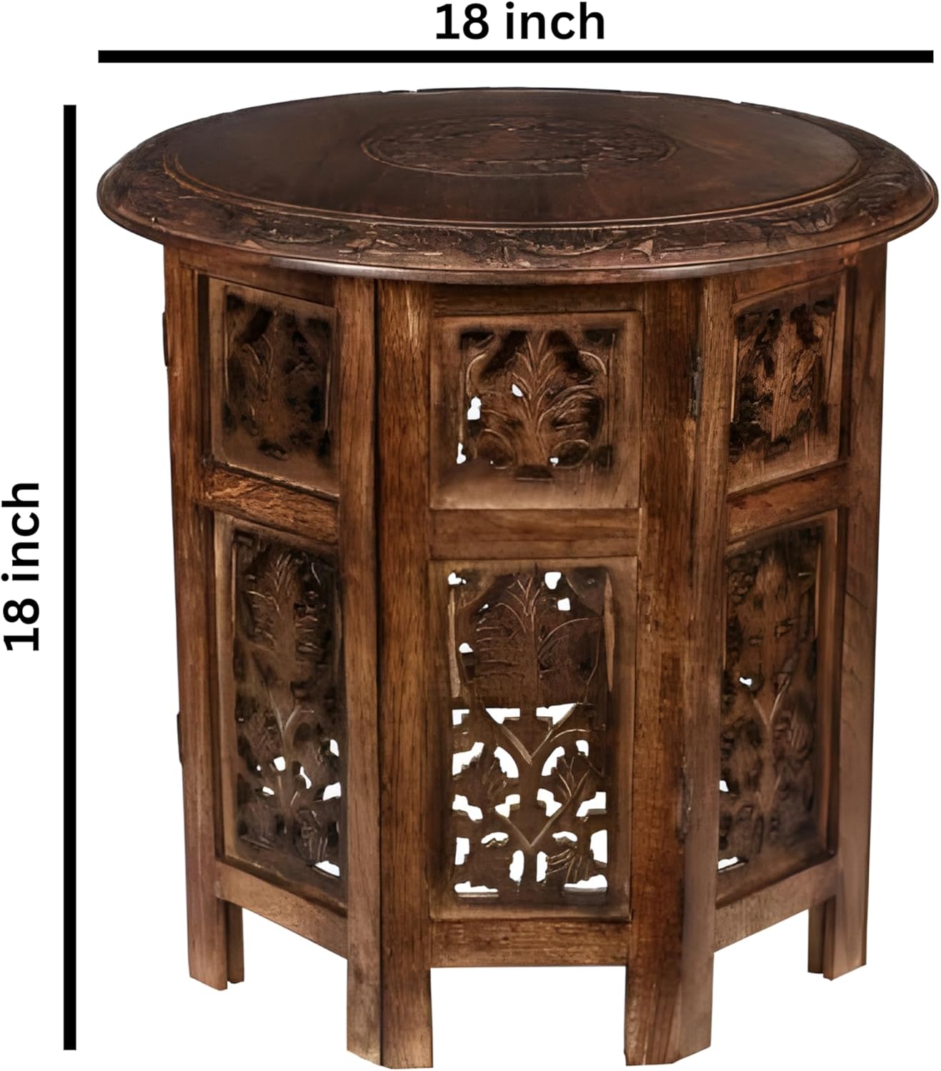 Lightnpro Handcrafted Wooden Round Accent Table - Vintage Farmhouse Octagonal Side End Table with Intricate Carvings for Living Room, Bedroom, Entryway - 18x18 Inch - Burnt