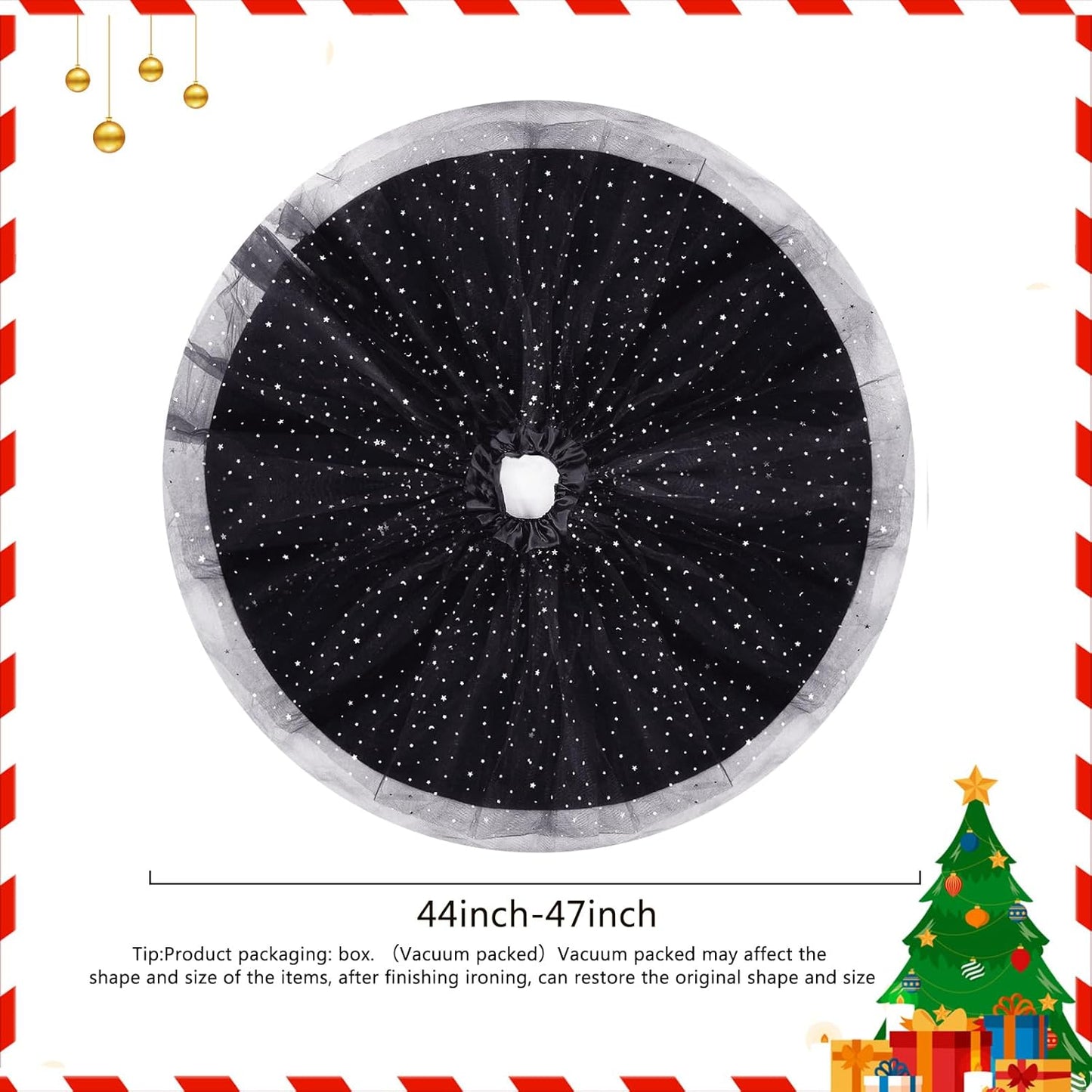 Christmas Wedding Tree Skirt,45 inch 4-Layer Fluffy Romantic Pleated Sparkly Halloween Skirt Decoration Xmas Tree Ornament for Holiday and Party(Black)