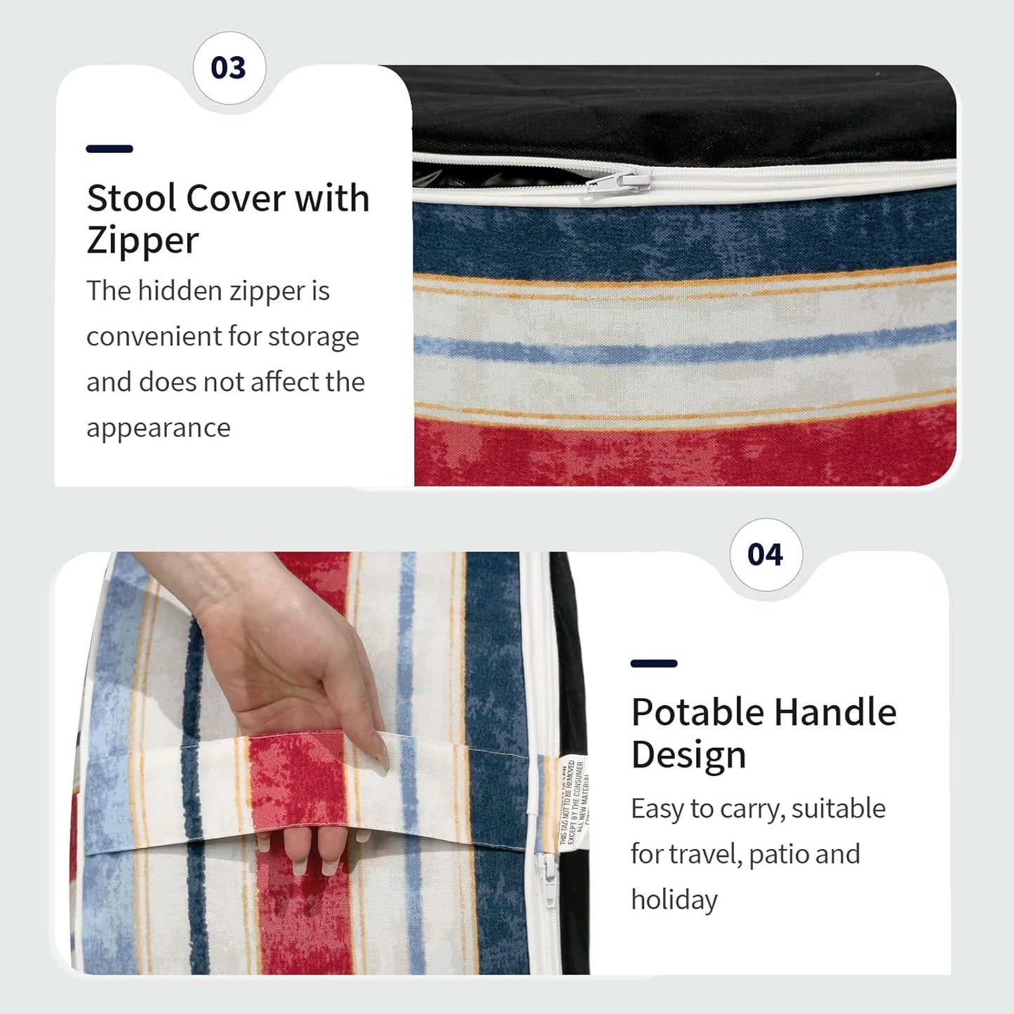 Inflatable Ottoman Stool D31 xH14 for Outdoor/Indoor Use, Water Repellent Patio Foot Rest Stool with Portable Handle,Round Pouf Ottoman Suitable for Garden,Deck and Camping - Stripe Red Blue