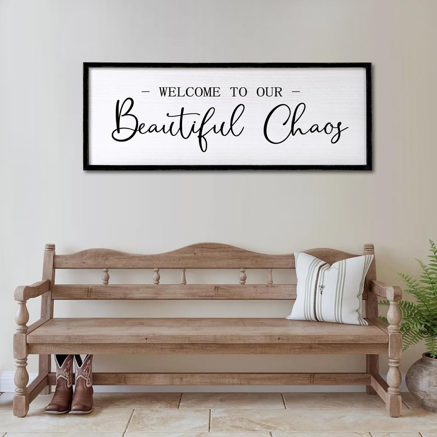 Welcome to Beautiful Chaos Framed Wall Art, 40''×15'' Rustic Horizontal Beautiful Chaos Plaque with Black Frame for Entryway Living Room, Farmhouse Long Welcome to our Chaos Wood Sign Wall Decor