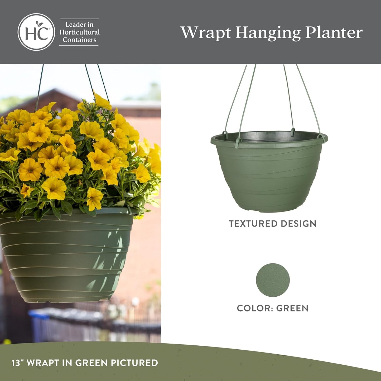 The HC Companies Wrapt Hanging Planters - Lightweight Plant Pot Hanger for Hanging Plants, Vegetables & Herbs - Outdoor & Indoor Hanging Basket for Plants (13" Green, Pack of 2)