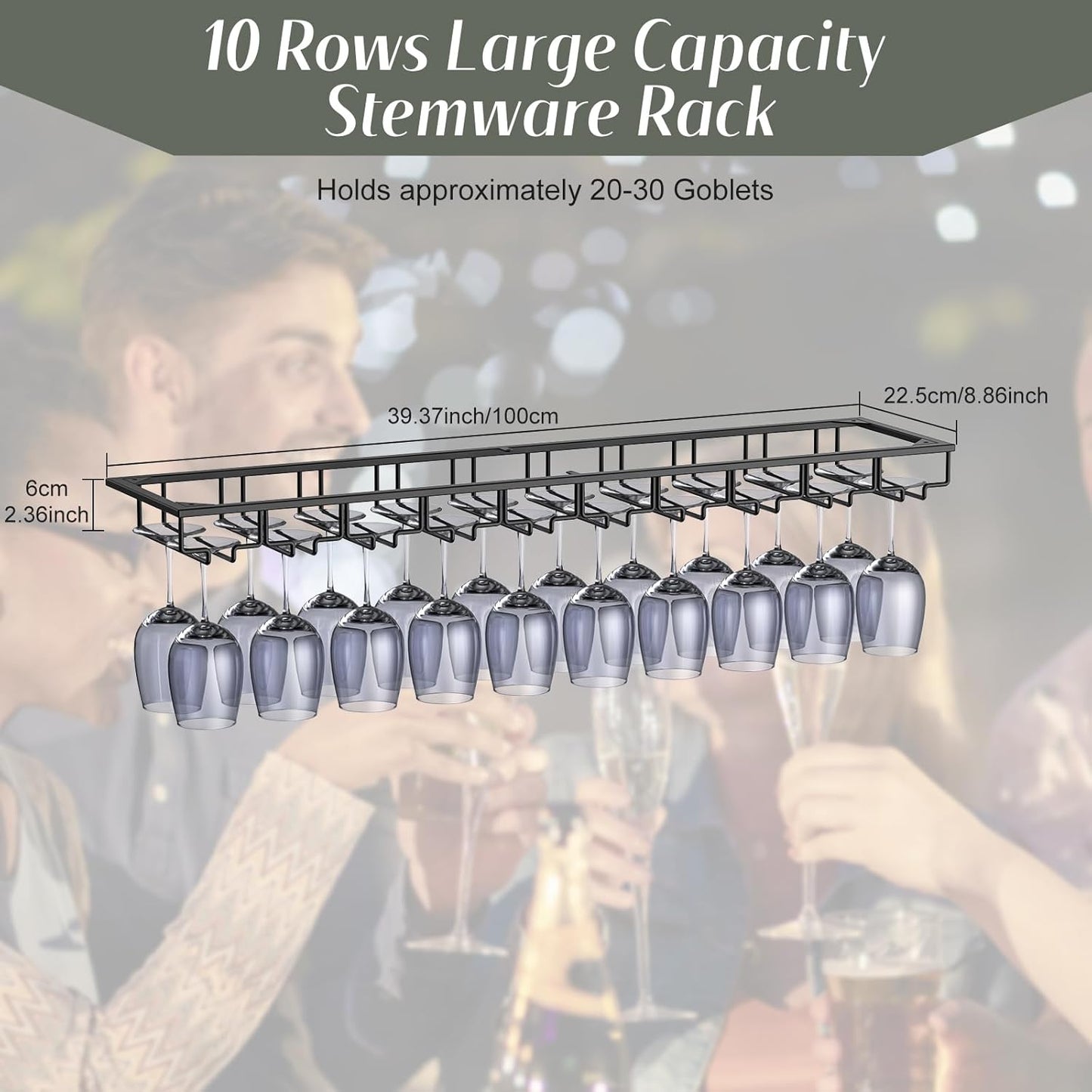 Xverycan Wine Glass Rack Under Cabinet, 10 Row Extreme Large Stemware Hanger, Metal Wine Goblet Holder, DIY Bar Glass Storage Rack for Bar Counter, Kitchen, Screws Included