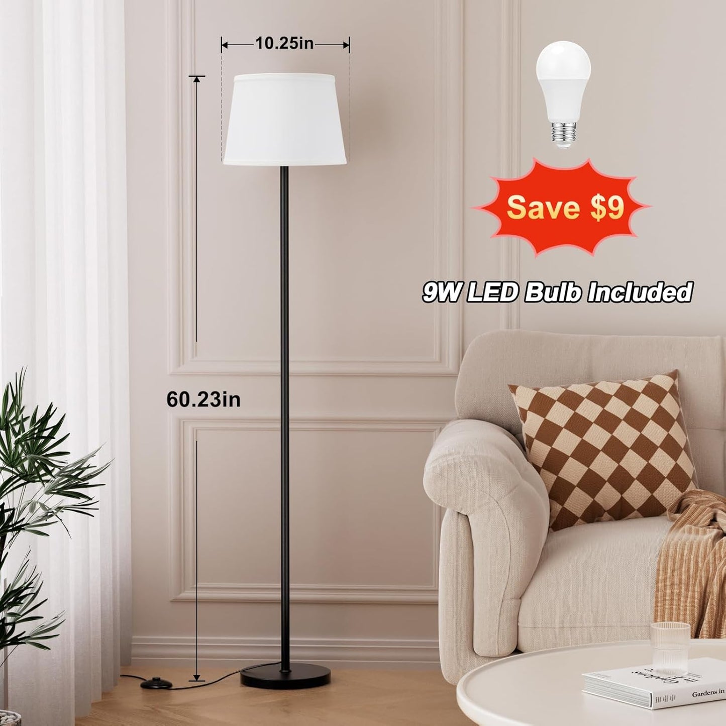 Floor Lamps for Living Room - 3 Color Temperatures Standing Lamp with White Shade, Modern Floor Lamp with LED Bulbs, Black Tall Lamp for Bedroom Office(9W Bulb Included)