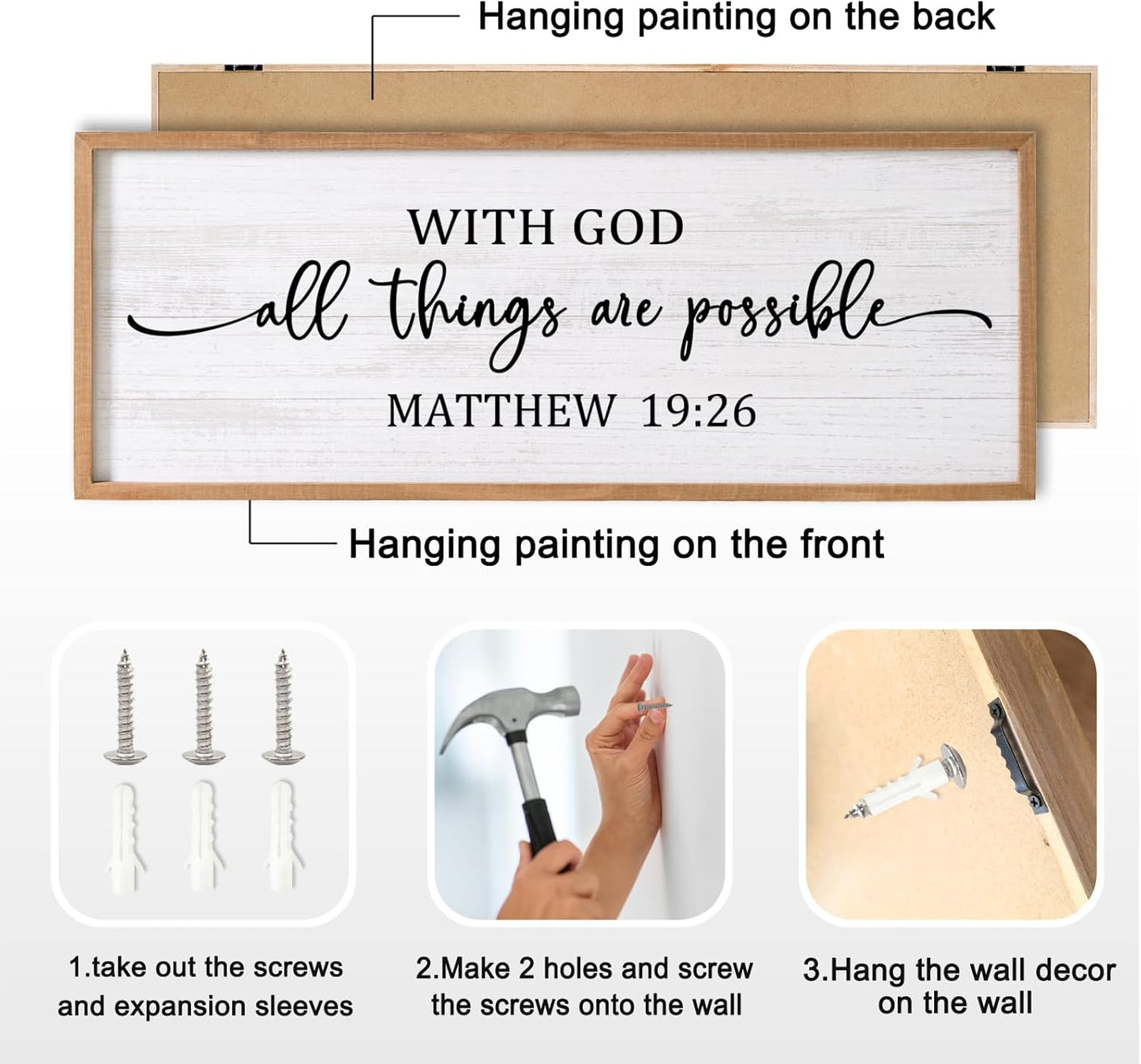 With God All Things are Possible Framed Wall Art, 40''×15'' Positive Religious Rustic Bible Verse for Christian God Jesus Christ Prayer, Vintage Horizontal Holy Inspirational Catholic Scripture Decor
