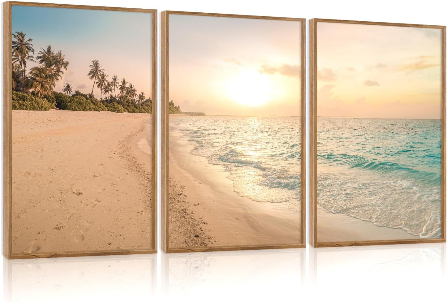 Aurlan Tropical Beach Sunset Framed Wall Art(16"x24"), 3PCS Coastal Ocean Island Canvas Artwork, Vintage Seascape Landscape Scenery Decor Prints for Office Home