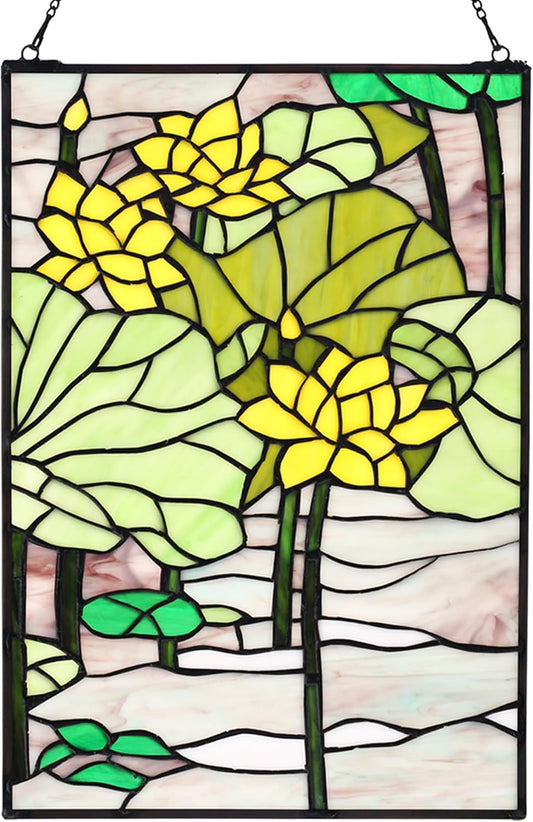 YOURANJU Stained Glass Window Hanging 16" H x 11" W Tiffany Style Rectangular Window Panel Suitable for Living Room Bedroom Kitchen Window Decoration Hangings with Chain (Lotus)