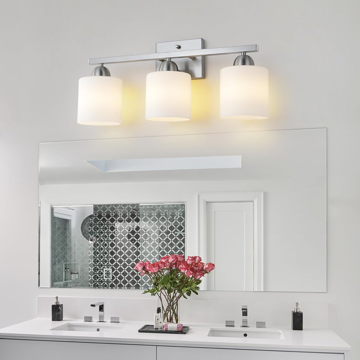 Stainless Steel Milk Glass Vanity Lights for Bathroom, 3 Light Brushed Nickel Bathroom Light Fixtures Over Mirror, Ceramic E26 Sockets Wall Mounted