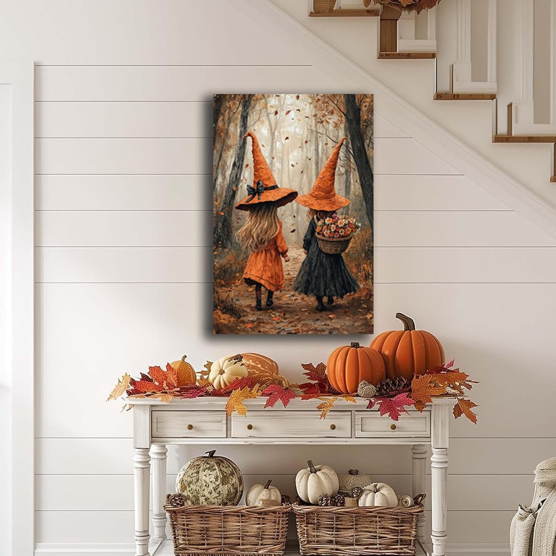 Fall Wall Art Witch Picture Decor,Little Girl Witch Halloween Wall Art, Vintage Autumn Whimsical Woodland Forest Picture, Family Room Nursery Playroom Children Room Decoration,20"x30" Unframed