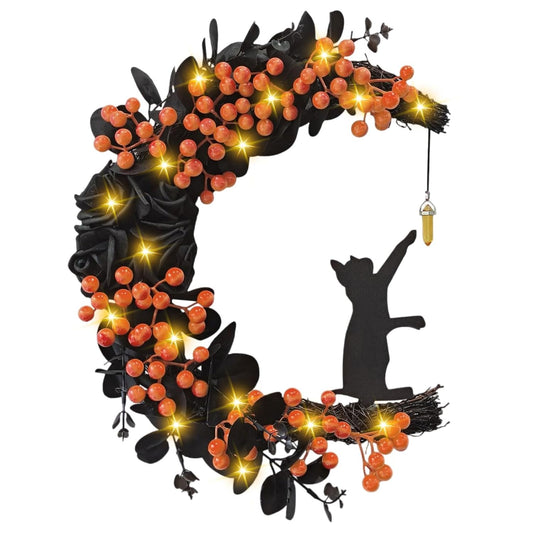 Halloween Wreaths for Front Door with Light, Black Cat Crescent Moon Wreath, Cute Cat Garland Halloween Door Decorations for Outdoor Indoor Decor Wall Window Home Party