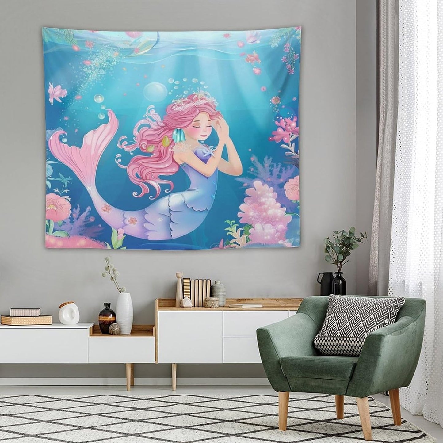 HZOHNAGO Mermaid Girls Tapestry Watercolor Flowers Mermaid Princess Blessing Pattern for Kids Room Decoration Printed Wall Tapestry Wall Hanging for Bedroom Living Room Dorm 60" W x 50" H