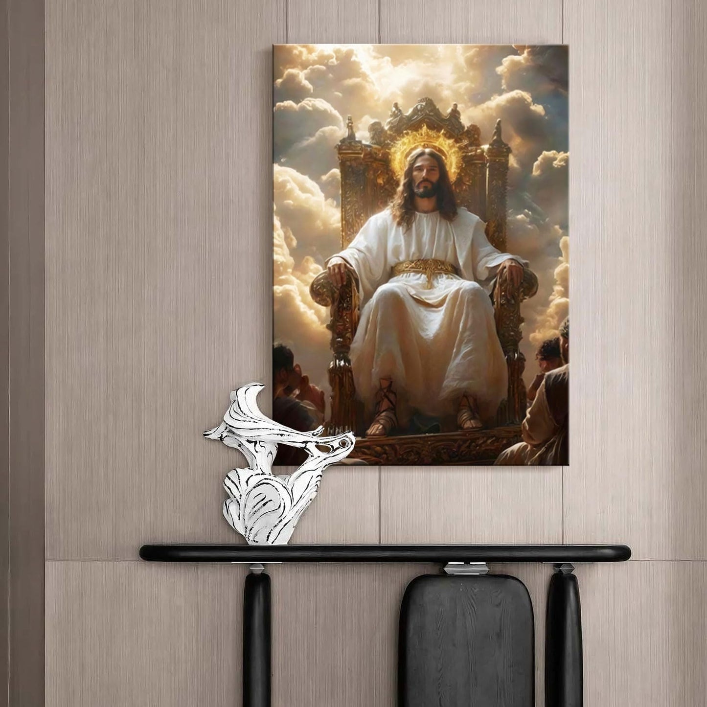 Framed Canvas Wall Art Painting Jesus Sitting on the Throne Religious Poster Faith Revelation Gallery Picture Print for Living Room Bedroom Church Decor 24x36 Inch Ready to Hang