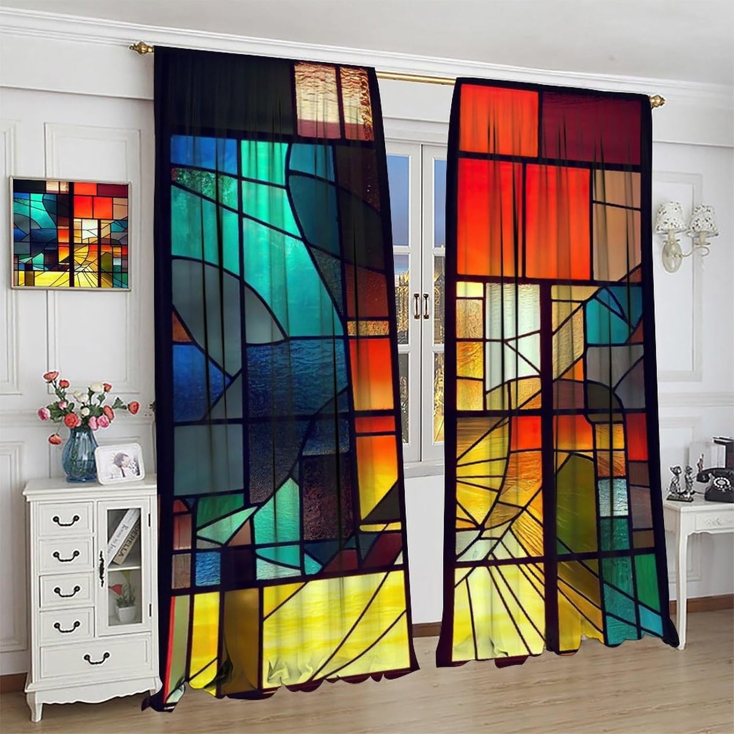 Stained Glass Curtains,Retro Abstract Colorful Geometry Textures Art Home Decor Drapes for Bedroom Living Room Kitchen Window Treatment 2 Panels Set Total Size 52" W X 84" L Inch