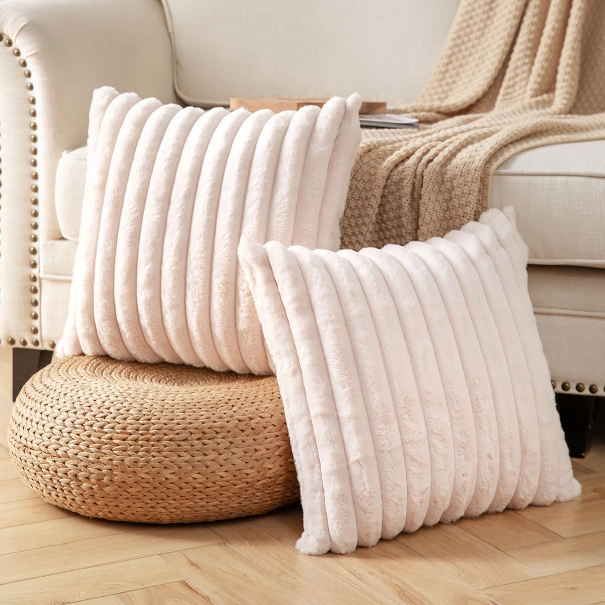 DEELAND Pack of 2,Double-Sided Faux Fur Plush Decorative Throw Pillow Covers Fuzzy Striped Soft Pillowcase Cushion Covers for Sofa Couch Bedroom Beige 20x20 inch