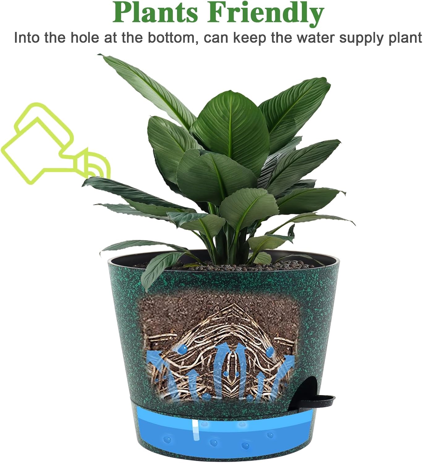 Self Watering Pots for Indoor Plants,12 inch Planters with Drainage Holes Plastic Flower Pots with Deep Reservoir, Black with Green Speckles