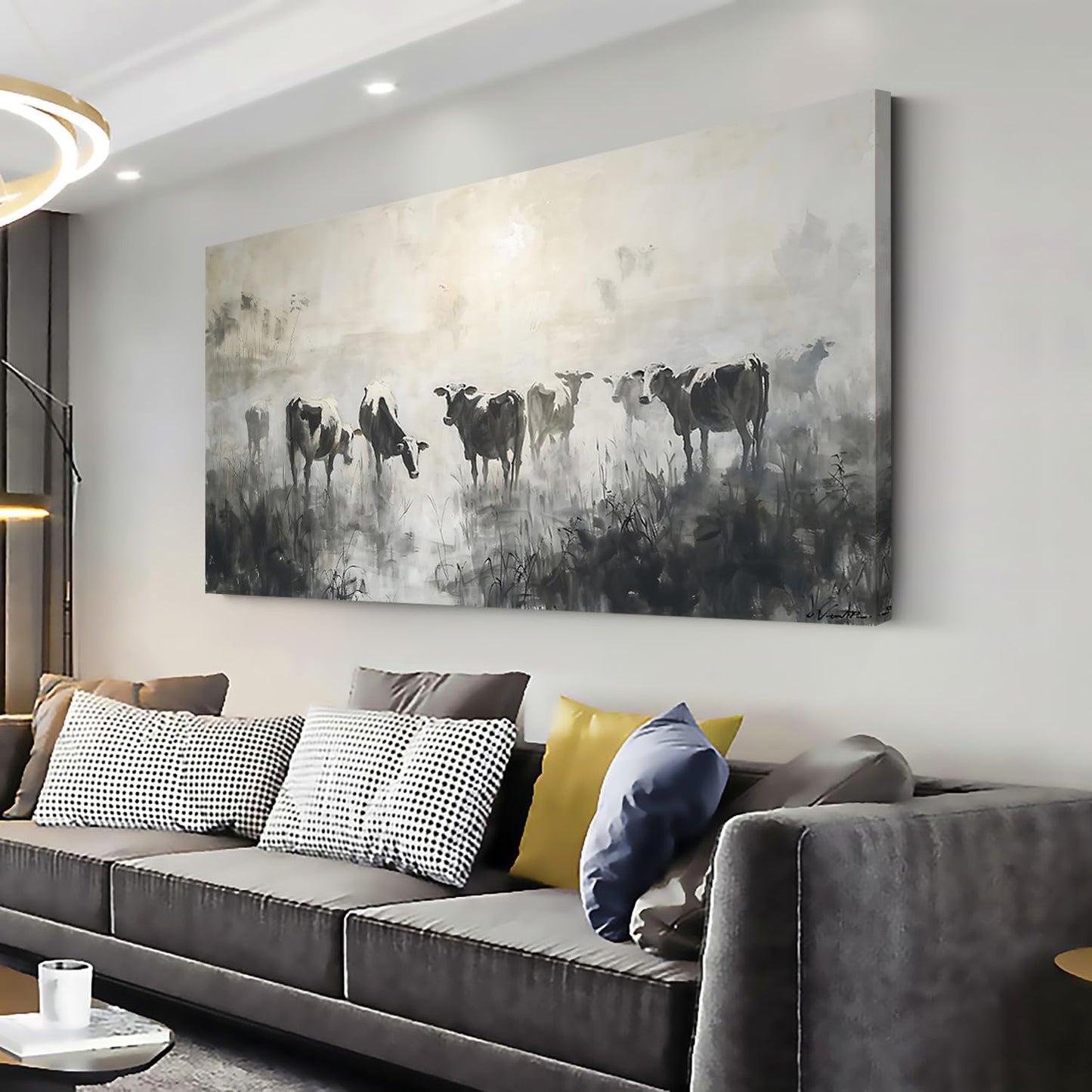 LASMOND Black and White Cow Wall Art for Living Room Ink Wash Canvas Painting Prints Morning Cattle Vintage Country Farmhouse Artwork Bedroom Office Decor (58x28 Inches)