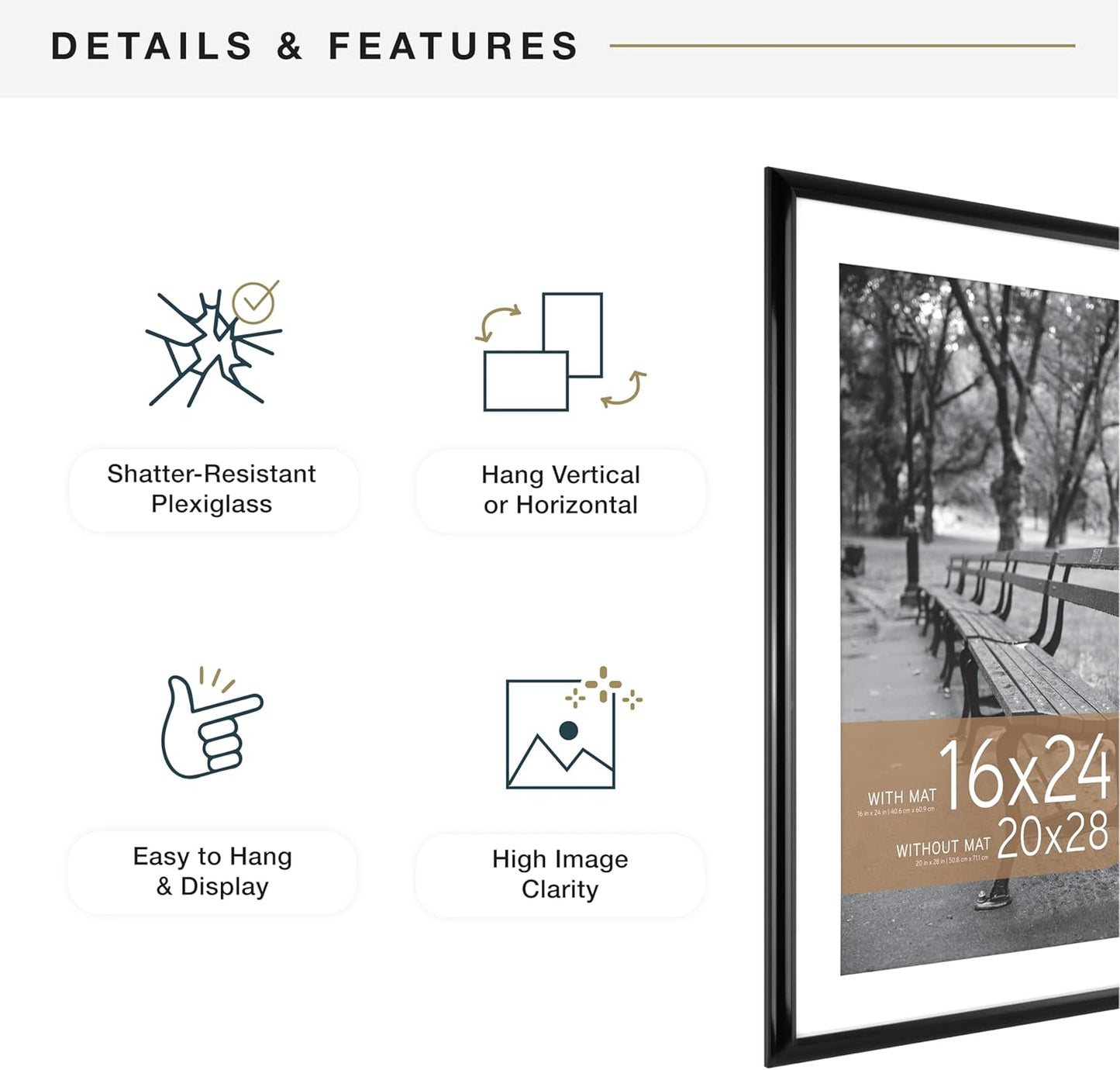 MCS Trendsetter 20x28 Matted Poster Frame with 16x24 Picture Display, Black Vertical & Horizontal Wall Hanging Large Picture Frame for Photos & Posters (1-Pack)