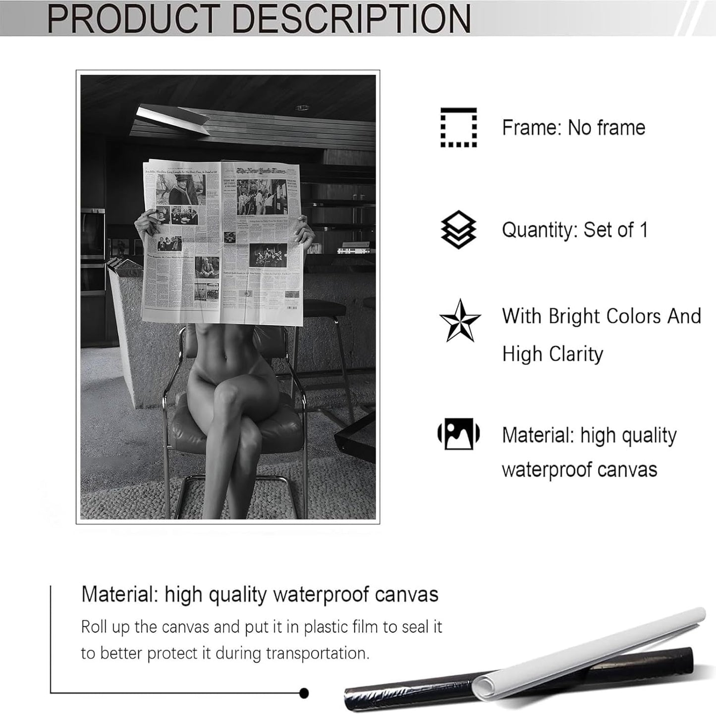 Liyark Sexy Glamorous Reader Poster Feminist Art Black and White Preppy Canvas wall art Retro Room Aesthetic Newspaper prints painting Trendy Naked Women Art wall decor 16x24in Unframed