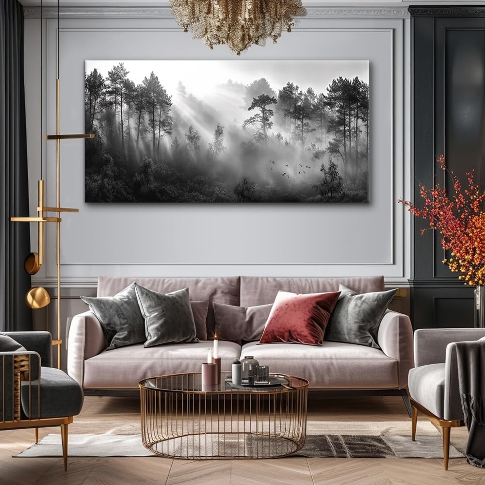 LASMOND Black and White Forest Wall Art for Living Room Modern Canvas Prints Artwork Picture Paintings Bedroom Office Home Decor (40x20 Inches)