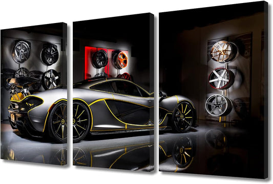 Art Work for Home Walls Sports Car Painting Pictures Canvas Artwork Home Decorations for Living Room Bedroom Giclee Wooden Frame Stretched Ready to Hang Posters and Prints - 12 x 24 inch x 3 Panels
