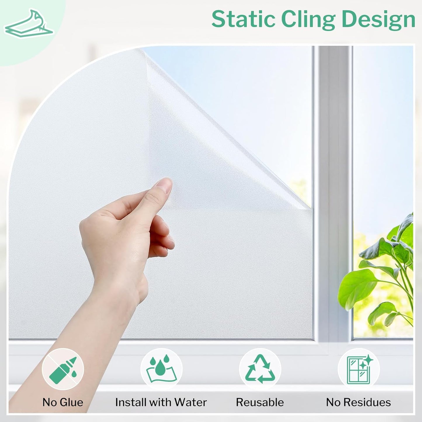 DOWELL Window Privacy Film, Frosted Glass Window Film, Static Cling Non-Adhesive Glass Clings, Sun Blocking Opaque Coverings, Reusable Door Stickers for Bathroom Home Office, Pure, 17.5"x118.1"