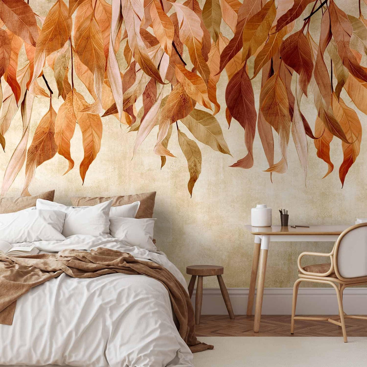 artgeist Wall Mural Hanging Leaves 118x83 in - Non-Woven Wallpaper Fleece Wall Decor Photo Print Picture Image Design Nature Botanical Concrete Orange Beige b-C-10146-a-c